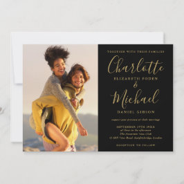Invitación Fotos de firma negra y dorada para boda