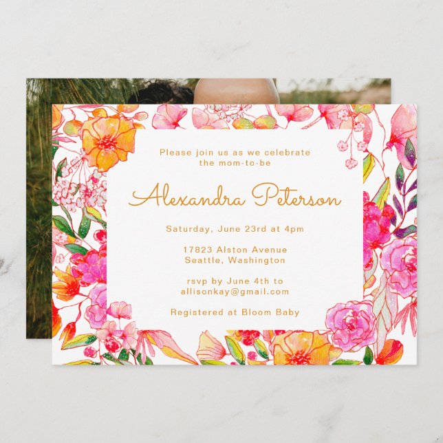 Invitación Fotos de flores de acuarela naranja rosa para baby (Anverso / Reverso)
