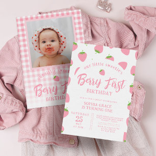 Invitación Fotos de fresa rosa Berry Primer cumpleaños