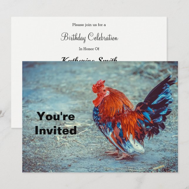 Invitación Fotos de gallo coloridas en pollos Cumpleaños (Anverso / Reverso)