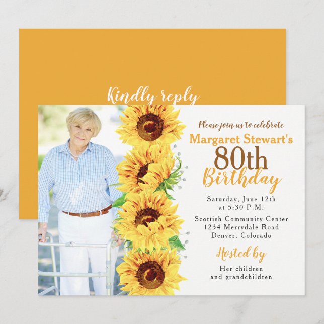 Invitación Fotos de girasol amarillo 80 cumpleaños (Anverso / Reverso)