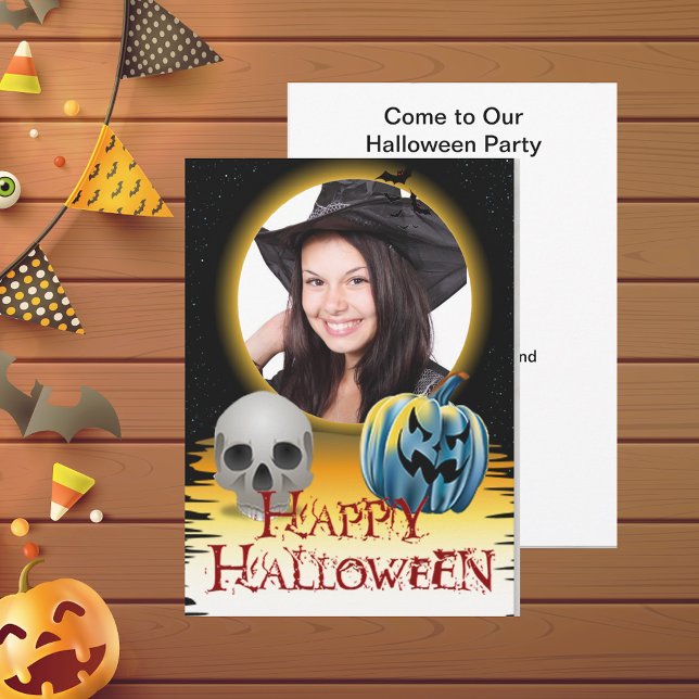 Invitación Fotos de Halloween: Calavera del marco y Jack o' L (Halloween Photo Frame Skull and Jack o' Lantern Invitation)
