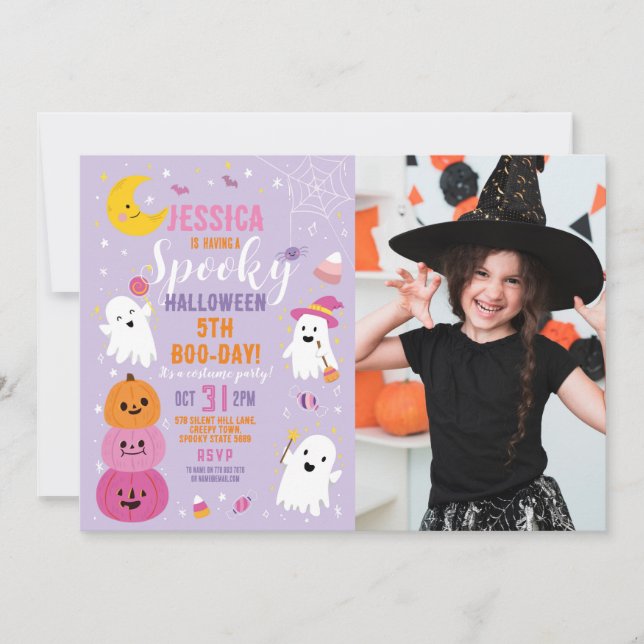 Invitación Fotos de Halloween Fantasma de calabazas moradas d (Anverso)