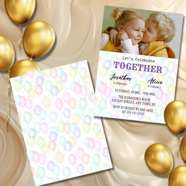 Invitación Fotos de hermanos Colorido Balón Cumpleaños Conjun (Subido por el creador)