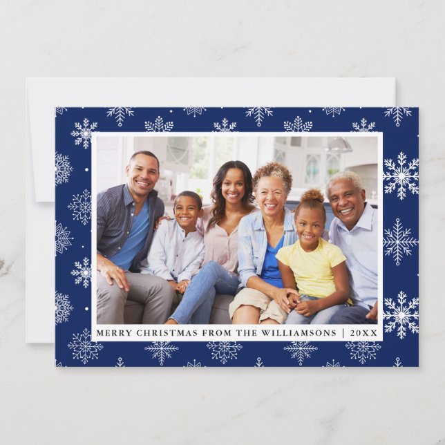 Invitación Fotos de la familia Feliz Navidad Snowflakes Blue  (Anverso)