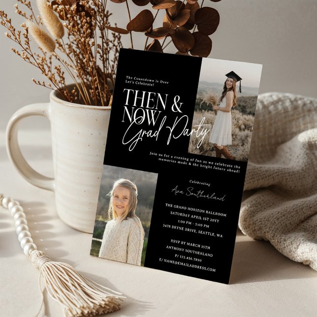 Invitación Fotos de la fiesta de graduación moderna y mínima (Modern Minimal Then & Now Graduation Party Photos Black Invitation)