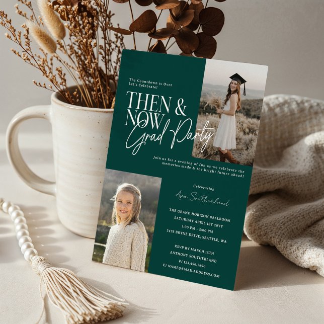 Invitación Fotos de la fiesta de graduación moderna y mínima (Modern Minimal Then & Now Graduation Party Photos Green Invitation)