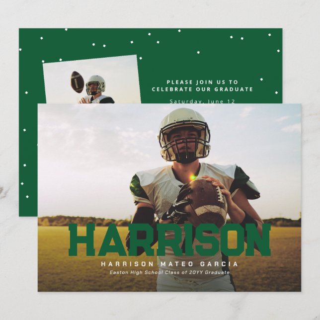 Invitación Fotos de la graduación verde del atleta con nombre (Anverso / Reverso)