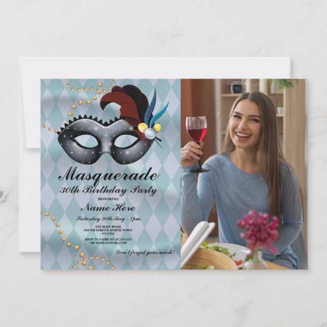 Invitación Fotos de la máscara azul de oro de la fiesta de cu (Anverso)