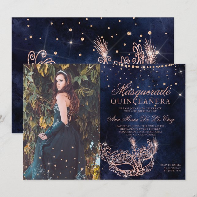 Invitación Fotos de la quinceanera del purpurina de oro de la (Anverso / Reverso)