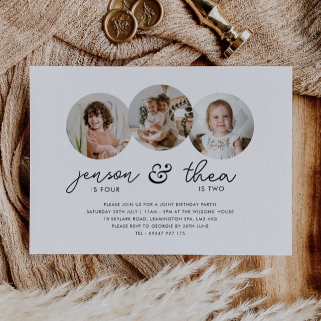 Invitación Fotos de la ronda de cumpleaños 3 (Zazzle Joint Birthday 3 Round Photos Invitation)