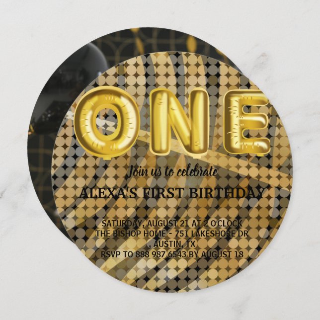 Invitación Fotos de lujo Black and Gold disco Cumpleaños (Anverso / Reverso)