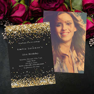 Invitación Fotos de lujo de confeti de oro negro