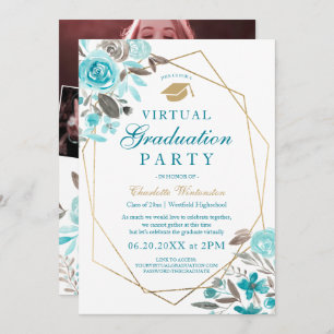 Invitación Fotos de marcos dorados con flores azules virtuale