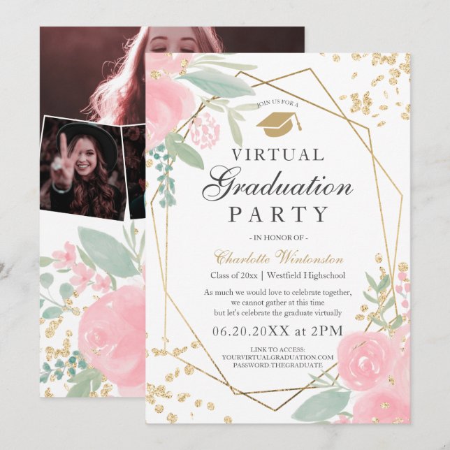 Invitación Fotos de marcos dorados con flores rosadas virtual (Anverso / Reverso)