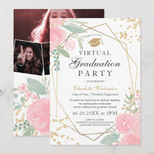 Invitación Fotos de marcos dorados con flores rosadas virtual