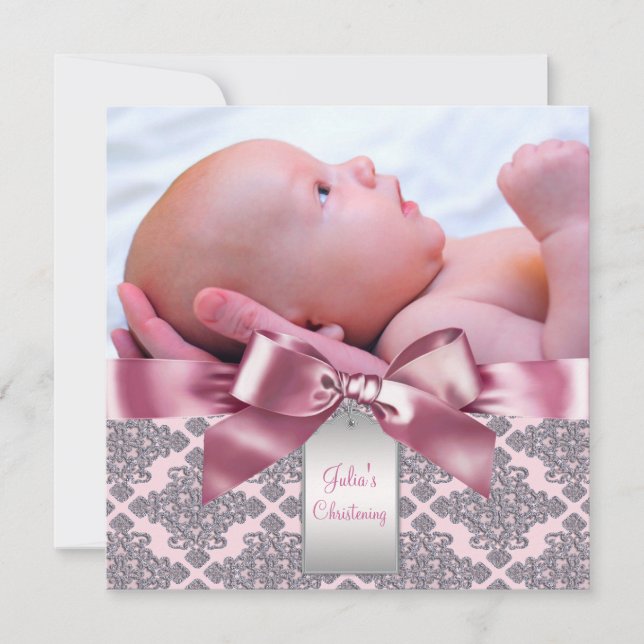 Invitación Fotos de niña bebé en damasco rosa Bautizo cristia (Anverso)