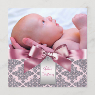 Invitación Fotos de niña bebé en damasco rosa Bautizo cristia