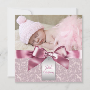Invitación Fotos de niña bebé en damasco rosa Bautizo cristia