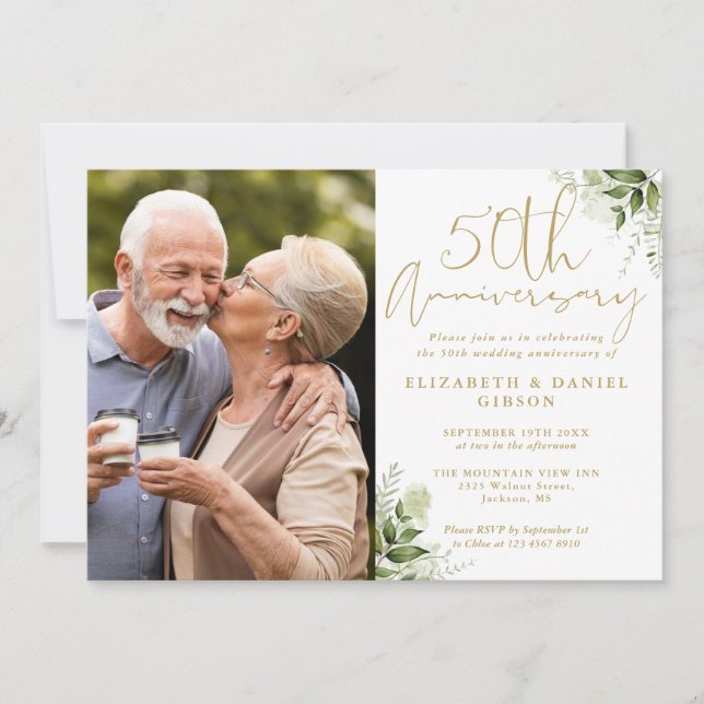 Invitación Fotos de oro floral en 50° aniversario del Boda (Anverso)
