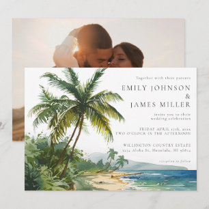 Invitación Fotos de palmeras en playa tropical con acuarela p
