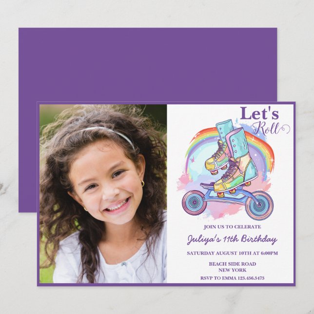 Invitación Fotos de patinaje sobre patinaje en chicas Cumplea (Anverso / Reverso)