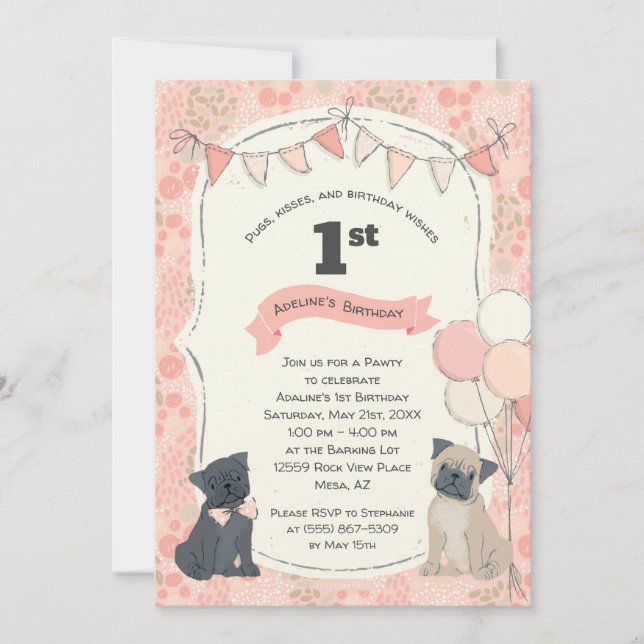 Invitación Fotos de perros "pugs" y "besos" (Anverso)