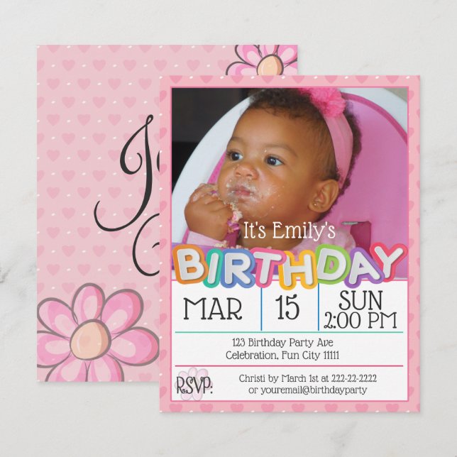 Invitación Fotos de Personalizado del corazón rosado Cumpleañ (Anverso / Reverso)