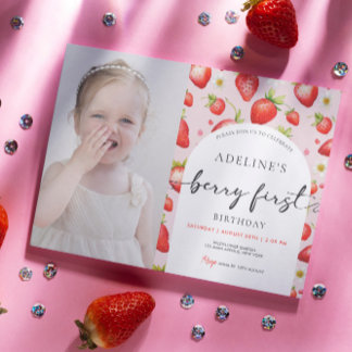 Invitación Fotos de primer cumpleaños de fresa Berry First Cu