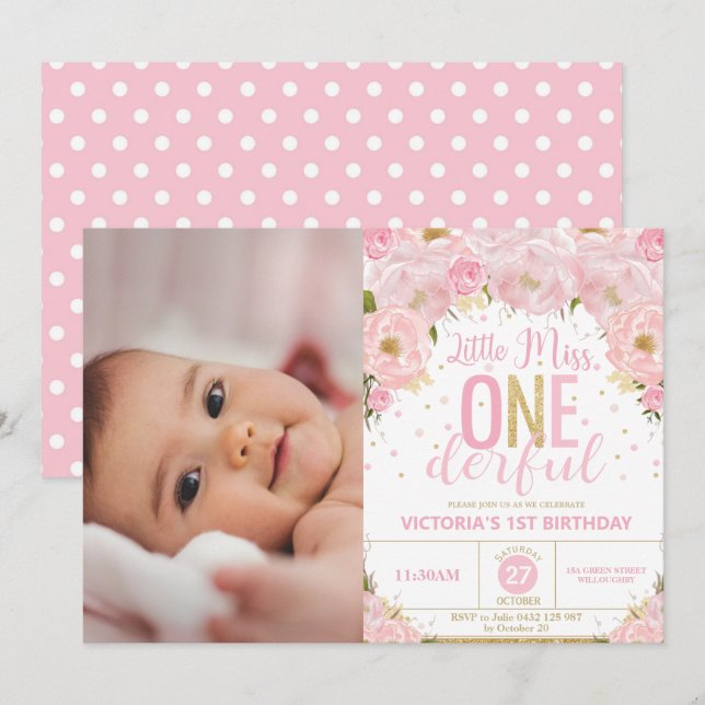 Invitación Fotos de primer cumpleaños de Rubor Floral Miss On (Anverso / Reverso)