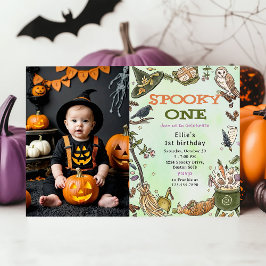 Invitación Fotos de primer cumpleaños de Spooky One Witch Hal