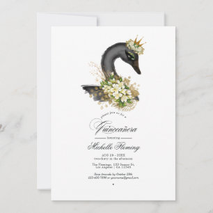 Invitación Fotos de Quinceañera de Cisne Floral Negro y Dorad