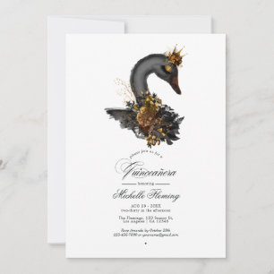 Invitación Fotos de Quinceañera de Cisne Floral Negro y Dorad
