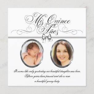Invitación Fotos de Quinceañera en plata, negro y blanco