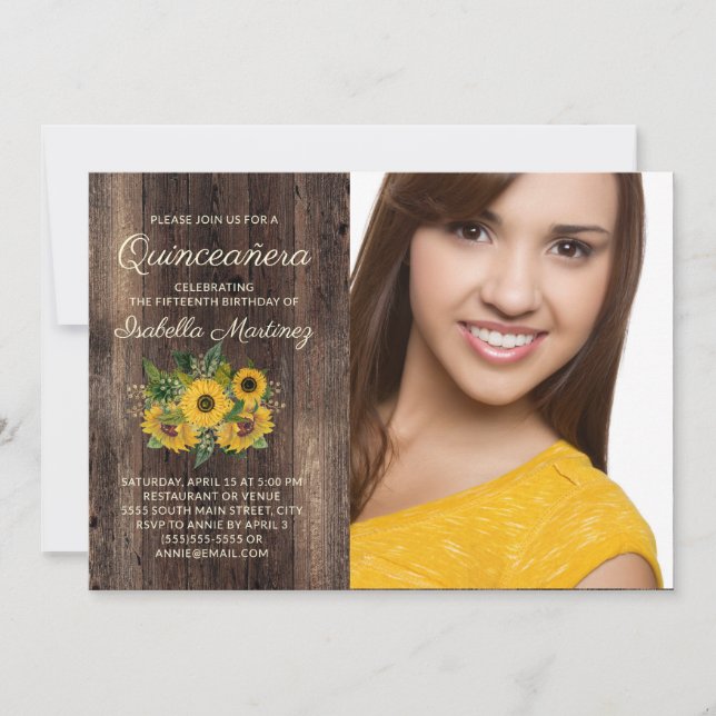 Invitación Fotos de Quinceañera Rústica de Flores de Sol (Anverso)