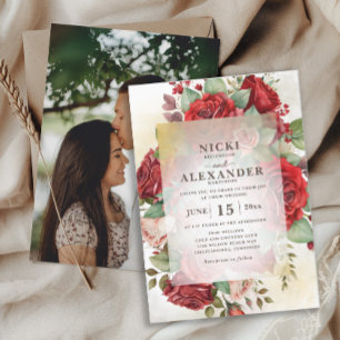 Invitación Fotos de rosas rojas y rosadas elegantes para boda