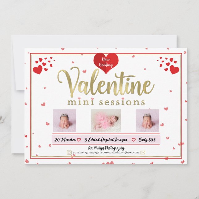 Invitación Fotos de Sesiones Mini de San Valentín en Oro (Anverso)