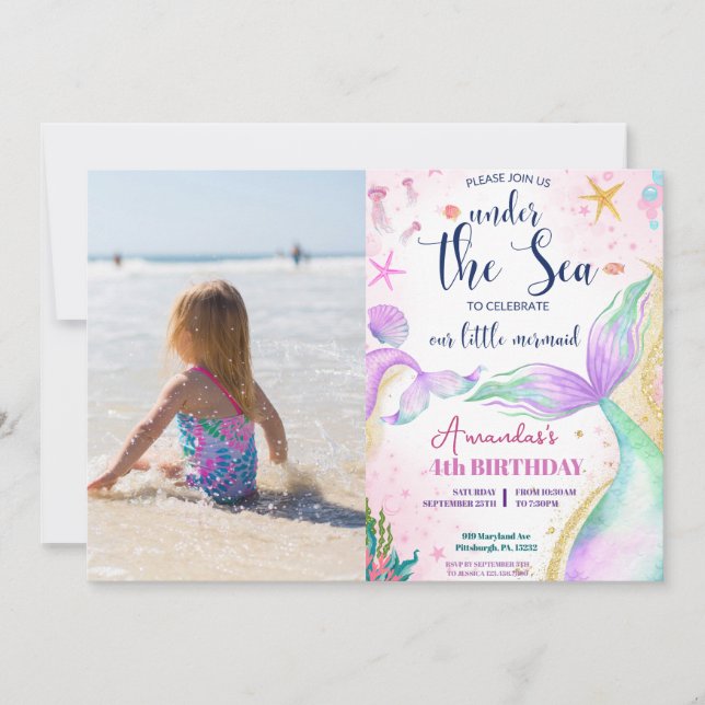 Invitación Fotos de sirena acuarela Cumpleaños bajo el mar (Anverso)
