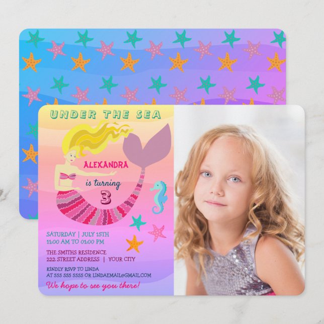 Invitación Fotos de sirenas rosadas Cumpleaños (Anverso / Reverso)