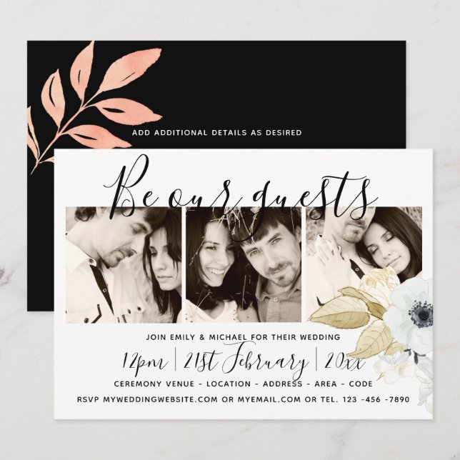 Invitación Fotos de Steel Blue x 3 Boda moderno manuscrito (Anverso / Reverso)