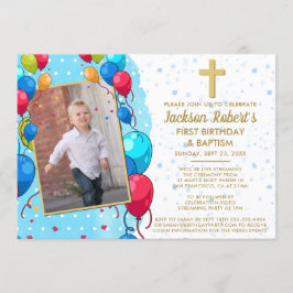 Invitación Fotos de texto de oro azul del bautismo de cumplea