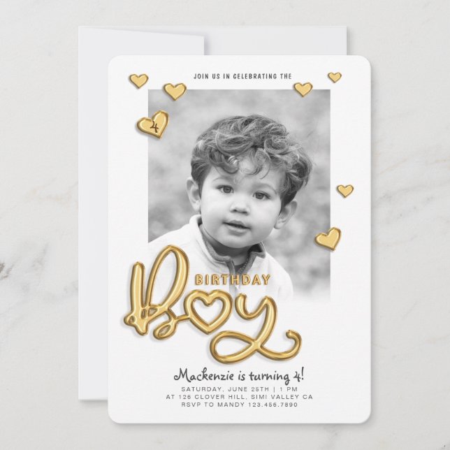 Invitación Fotos de texto de Relieve metalizado dorado de Bir (Anverso)