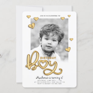 Invitación Fotos de texto de Relieve metalizado dorado de Bir