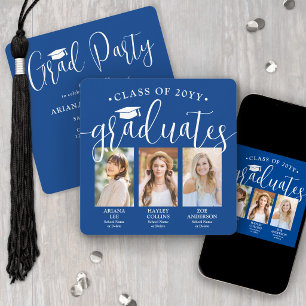 Invitación Fotos de Triple Graduación Fiesta Conjunta Azul Re