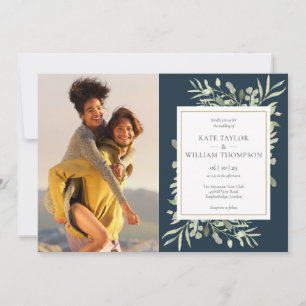 Invitación Fotos de Verde Botánico Azul de Mar Profundo Boda