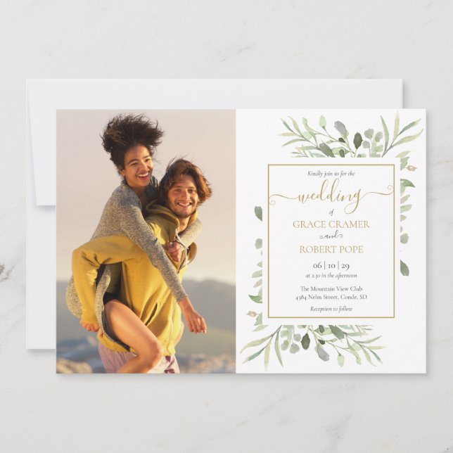 Invitación Fotos de verde botánico Boda de guión dorado (Anverso)