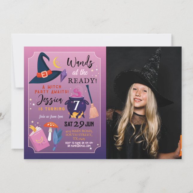Invitación Fotos de Witch Birthday Party Wands Ready Chicas (Anverso)