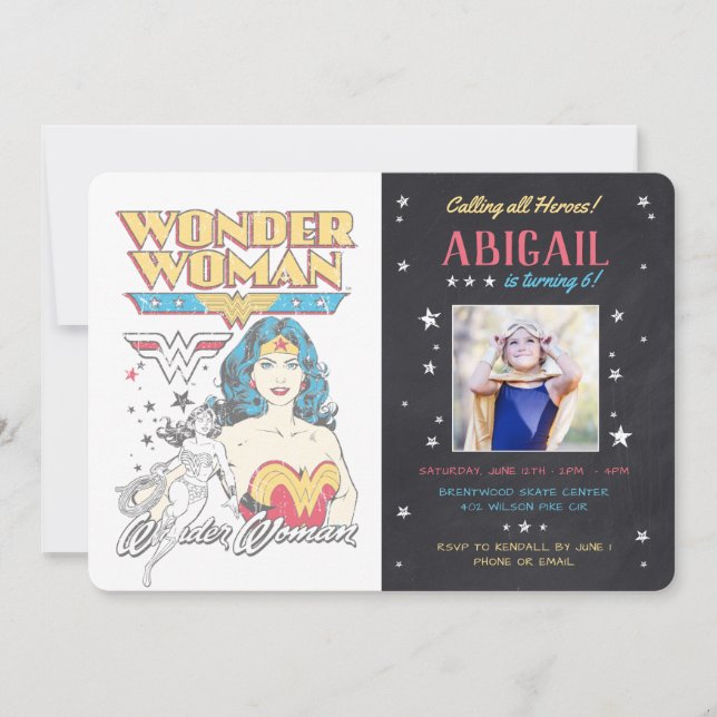 Invitación Fotos de Wonder Woman Chalkboard cumpleaños (Anverso)