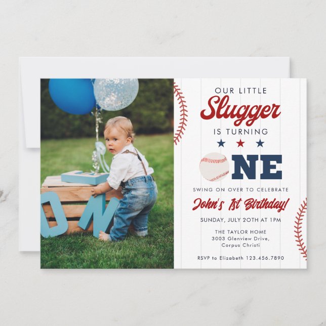 Invitación Fotos del 1er cumpleaños de Little Slugger Basebal (Anverso)