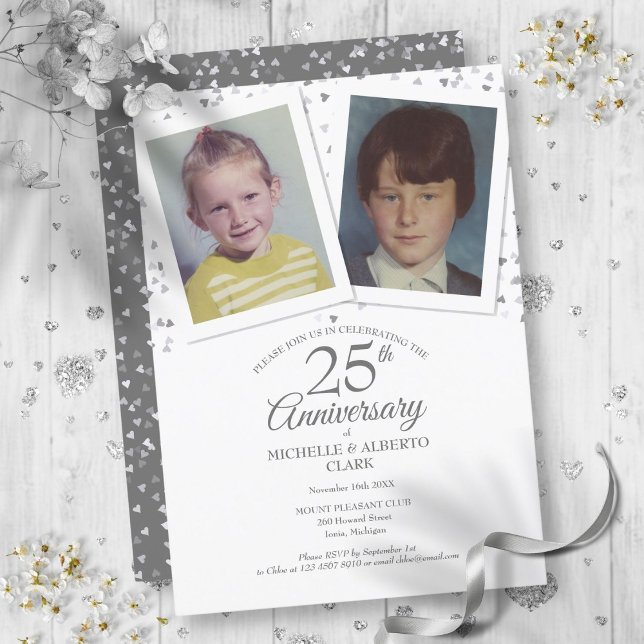 Invitación Fotos del 25° Aniversario de la Boda de Plata en l (25th Silver Wedding Anniversary Childhood Photos Invitation)